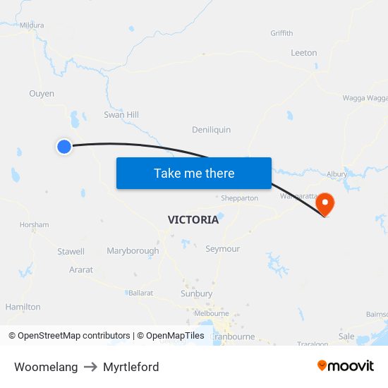 Woomelang to Myrtleford map