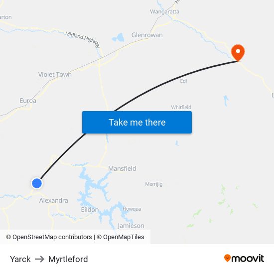 Yarck to Myrtleford map