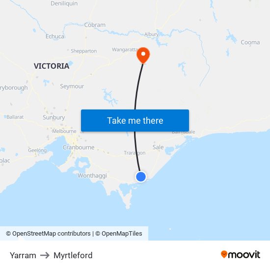 Yarram to Myrtleford map