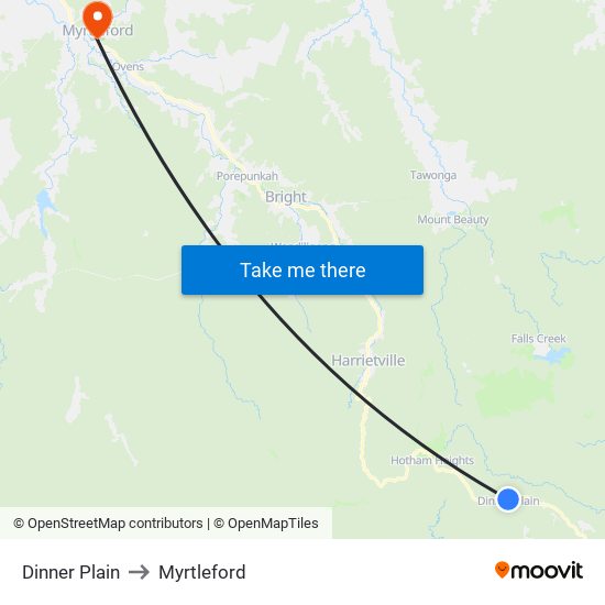 Dinner Plain to Myrtleford map