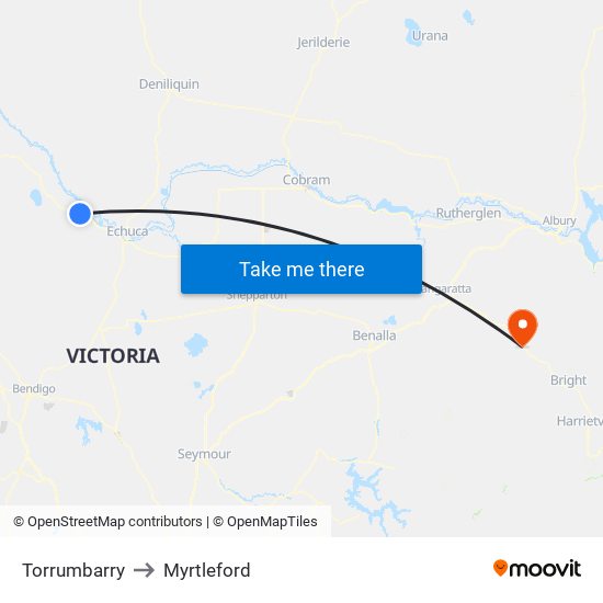 Torrumbarry to Myrtleford map