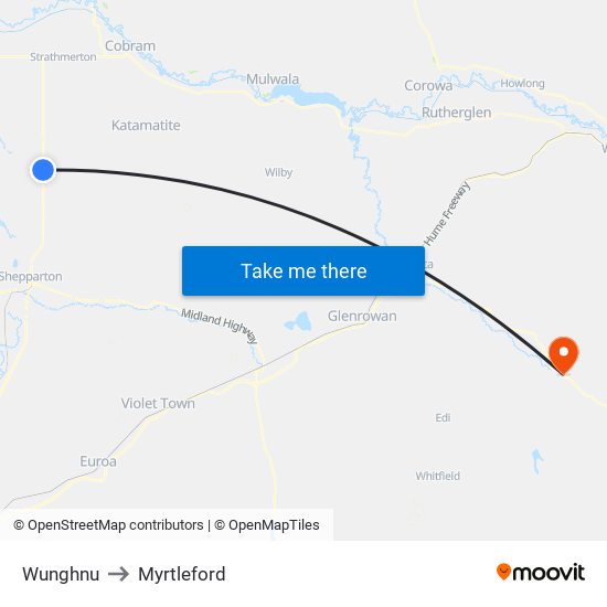 Wunghnu to Myrtleford map