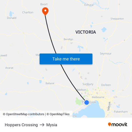 Hoppers Crossing to Mysia map