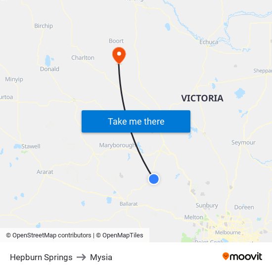 Hepburn Springs to Mysia map