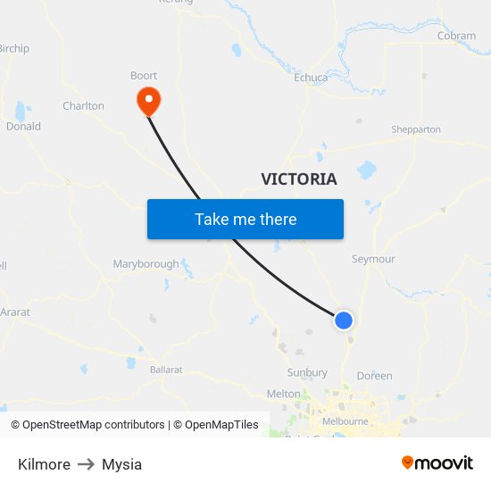 Kilmore to Mysia map