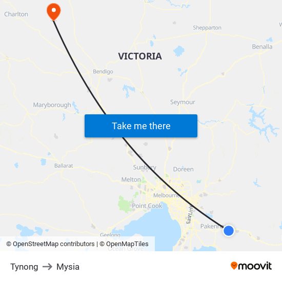 Tynong to Mysia map
