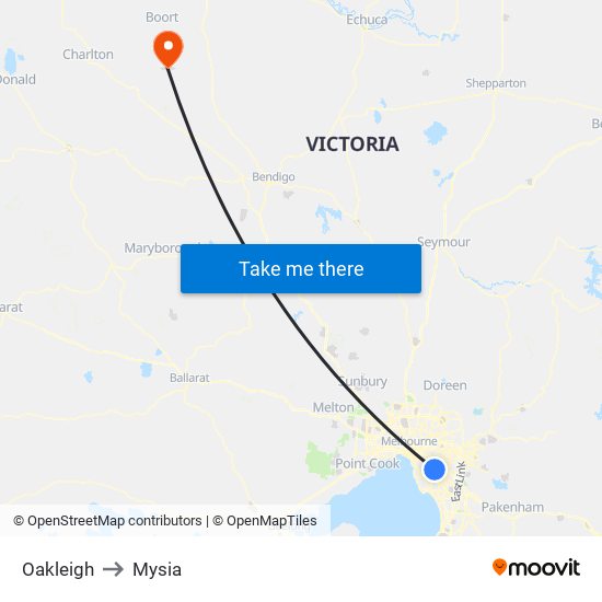 Oakleigh to Mysia map