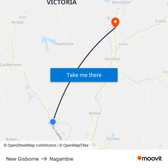 New Gisborne to Nagambie map