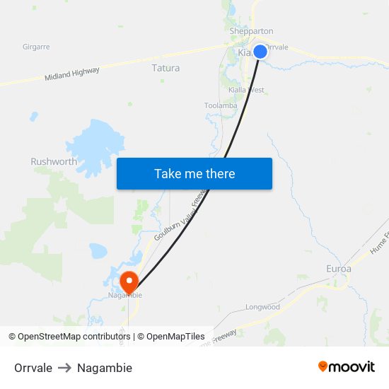 Orrvale to Nagambie map