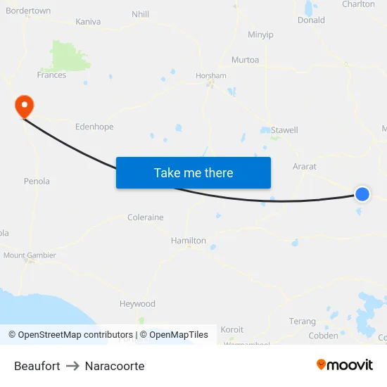 Beaufort to Naracoorte map