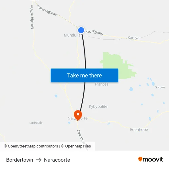 Bordertown to Naracoorte map