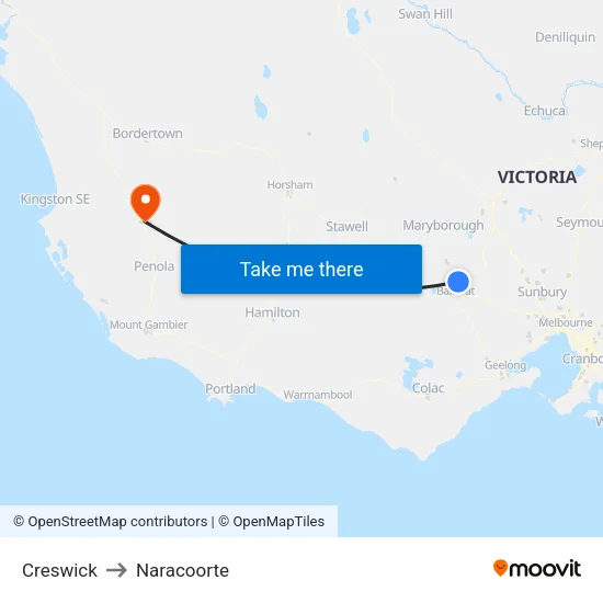 Creswick to Naracoorte map