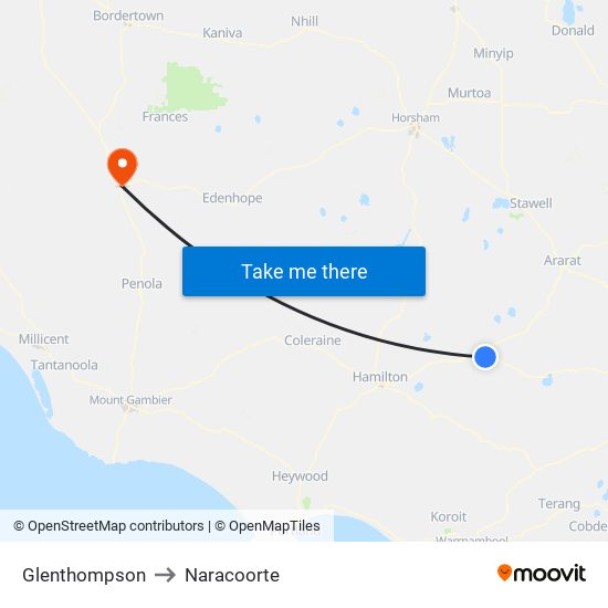 Glenthompson to Naracoorte map