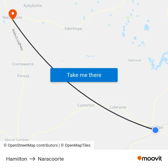 Hamilton to Naracoorte map