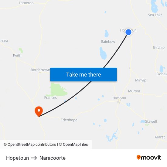 Hopetoun to Naracoorte map