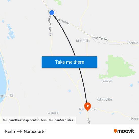 Keith to Naracoorte map