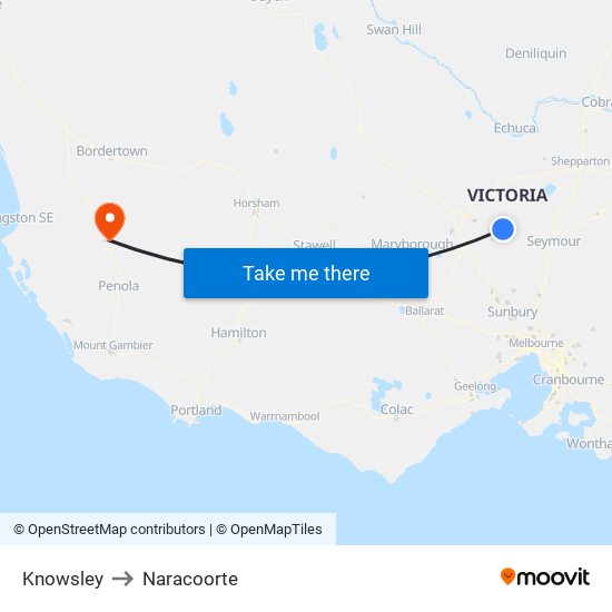 Knowsley to Naracoorte map