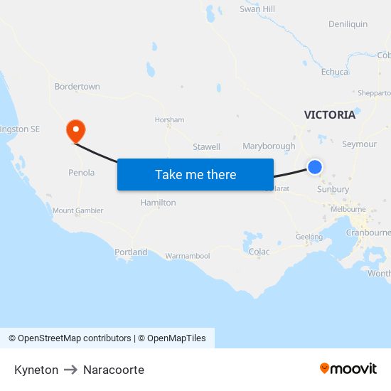 Kyneton to Naracoorte map