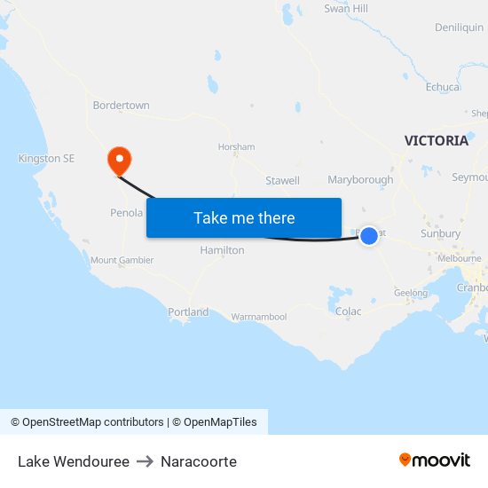 Lake Wendouree to Naracoorte map