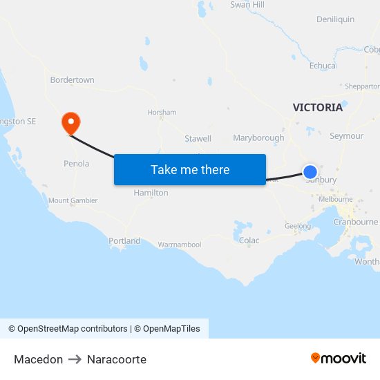 Macedon to Naracoorte map