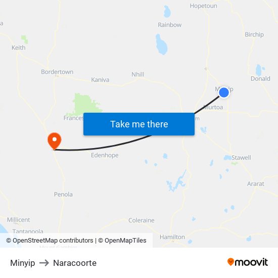 Minyip to Naracoorte map