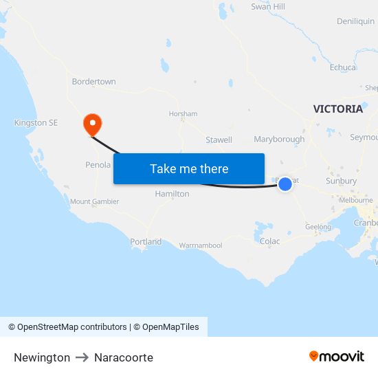 Newington to Naracoorte map