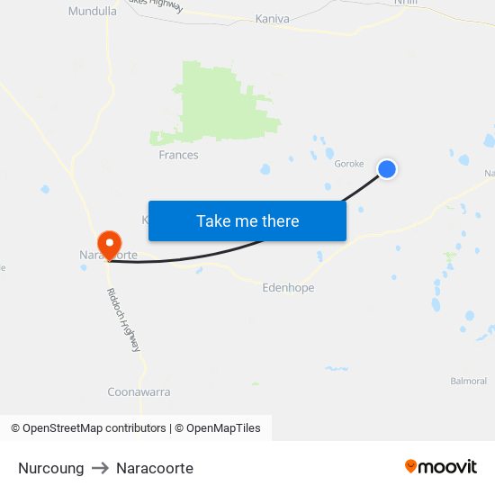 Nurcoung to Naracoorte map