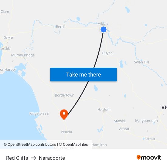 Red Cliffs to Naracoorte map