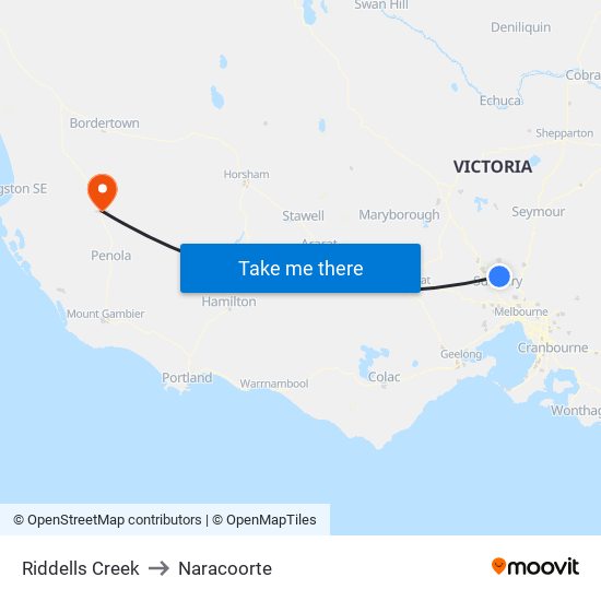 Riddells Creek to Naracoorte map