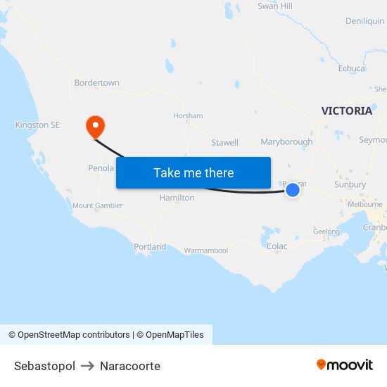 Sebastopol to Naracoorte map