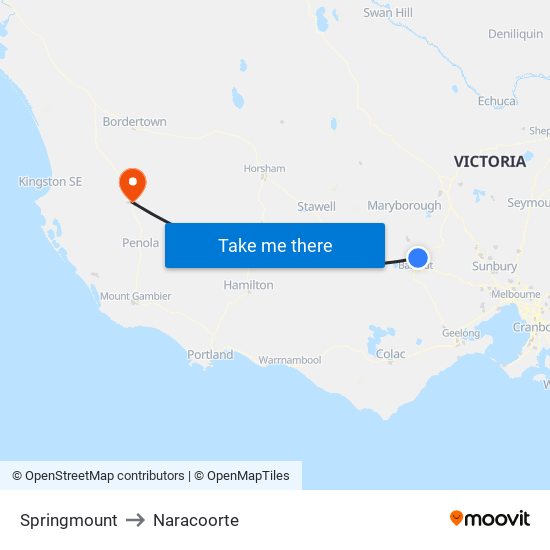 Springmount to Naracoorte map