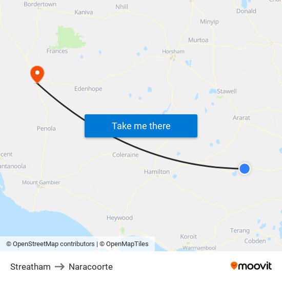 Streatham to Naracoorte map