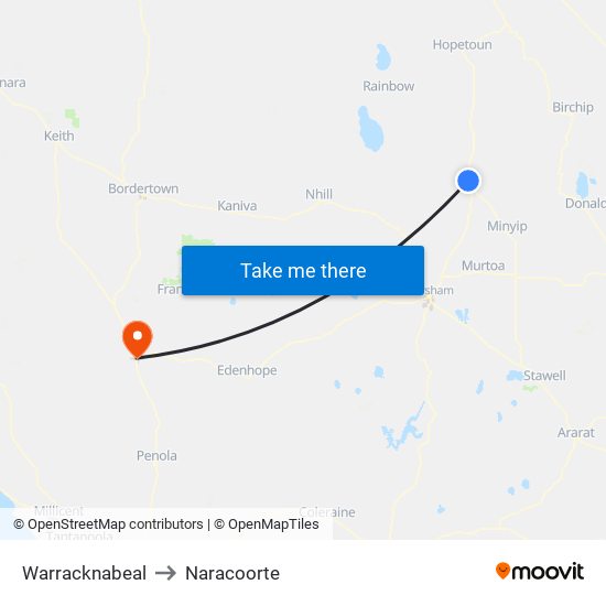 Warracknabeal to Naracoorte map