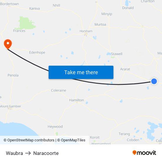 Waubra to Naracoorte map