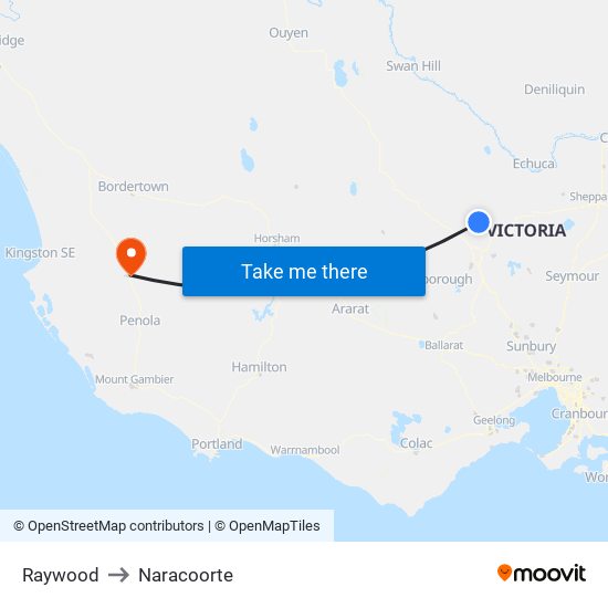 Raywood to Naracoorte map