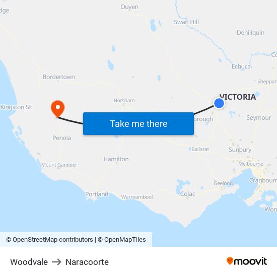 Woodvale to Naracoorte map