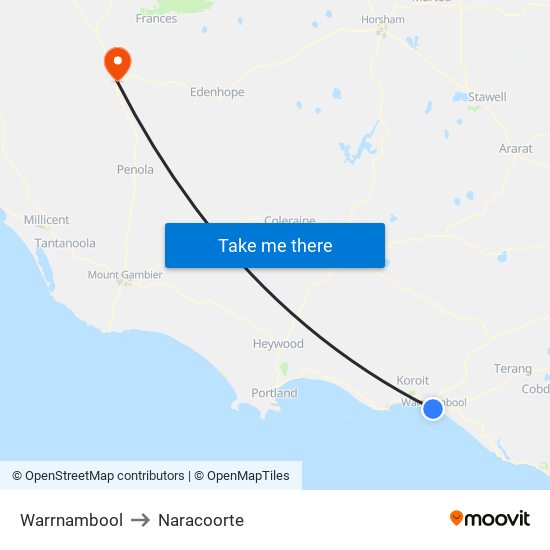 Warrnambool to Naracoorte map