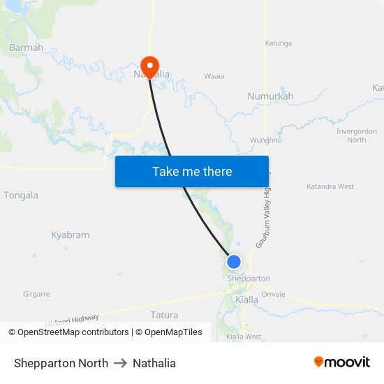 Shepparton North to Nathalia map