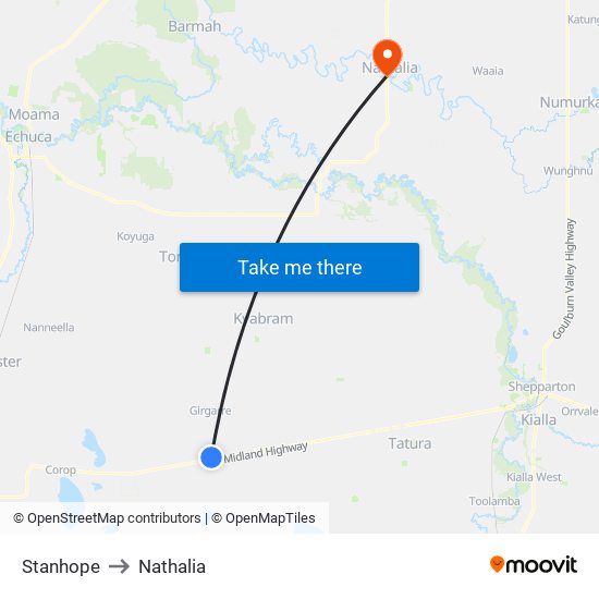 Stanhope to Nathalia map