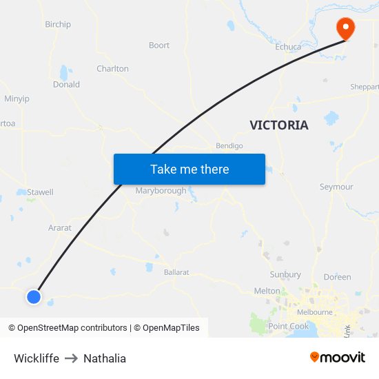 Wickliffe to Nathalia map