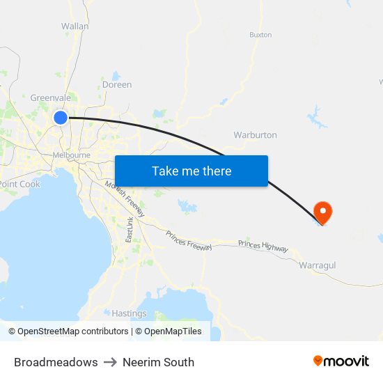 Broadmeadows to Neerim South map