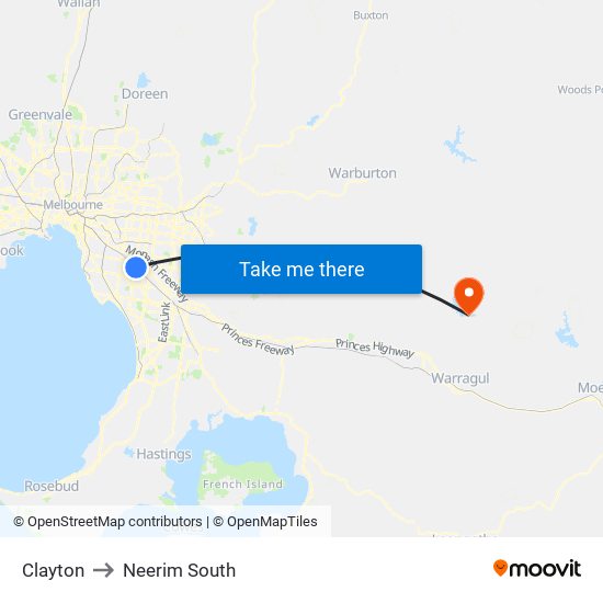 Clayton to Neerim South map