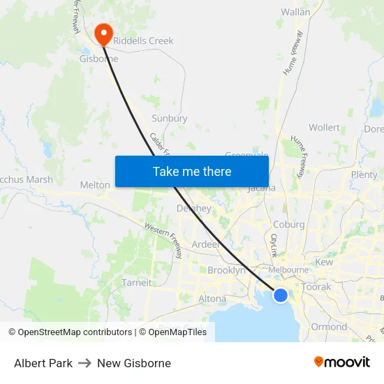 Albert Park to New Gisborne map
