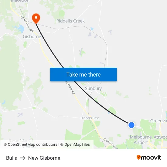 Bulla to New Gisborne map