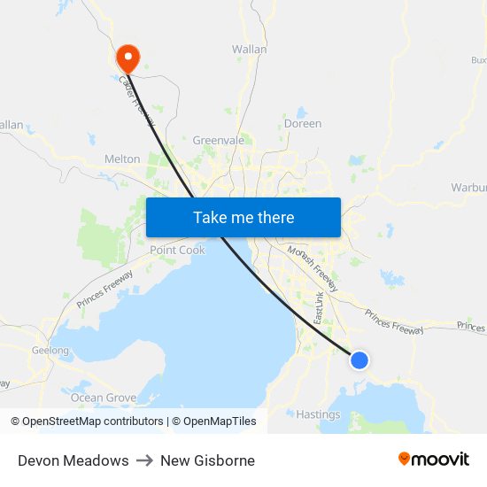 Devon Meadows to New Gisborne map