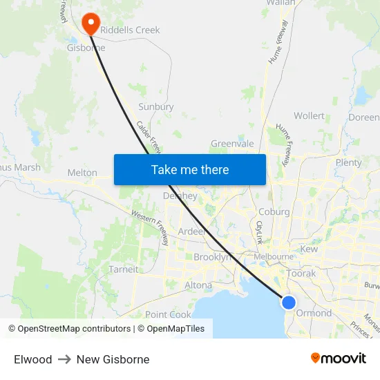 Elwood to New Gisborne map