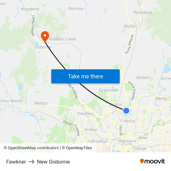 Fawkner to New Gisborne map