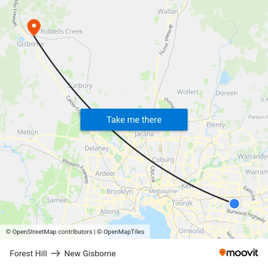 Forest Hill to New Gisborne map