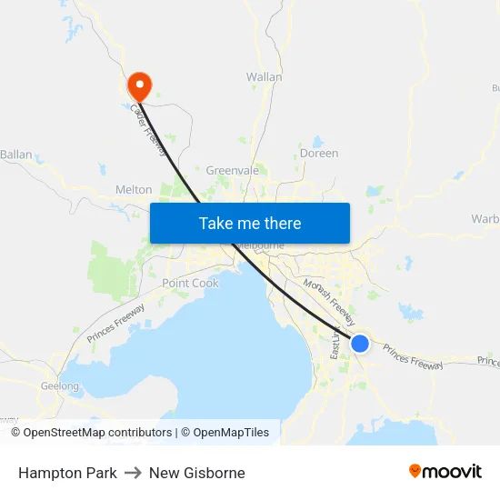 Hampton Park to New Gisborne map