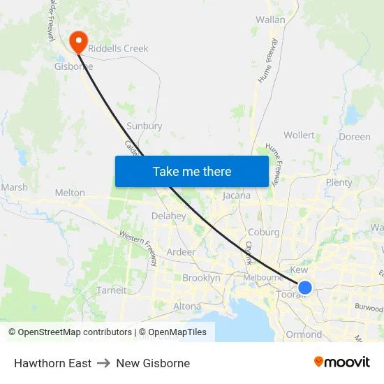 Hawthorn East to New Gisborne map